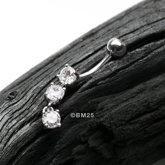 14 Karat White Gold Brilliant Triple Dangle Sparkle Multi-Gem Belly Button Ring - Picture 1 of 2
